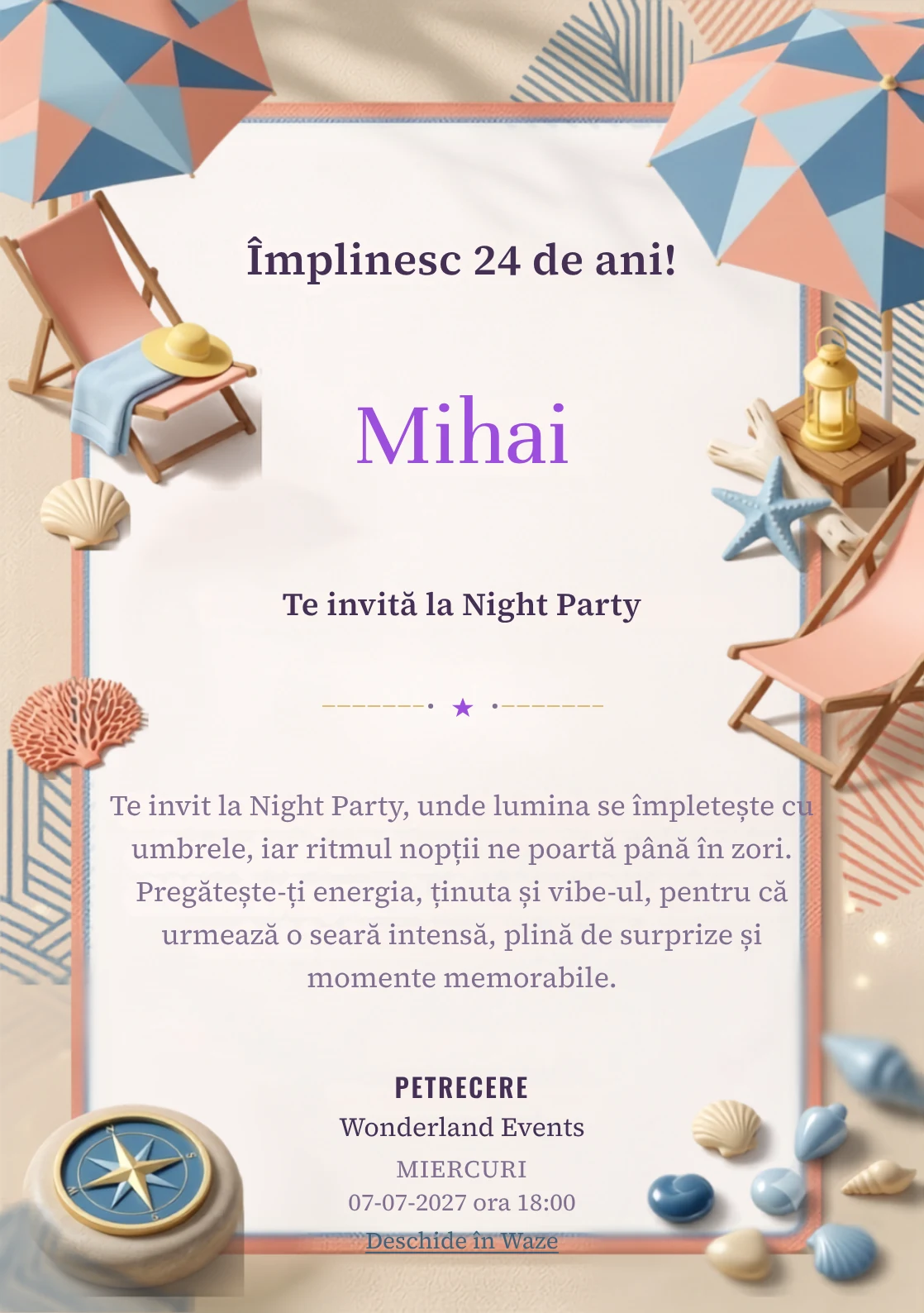 Retro Riviera este un model de invitații digitale pentru o aniversare adultă, definit vizual de un șezlong și forme marine.