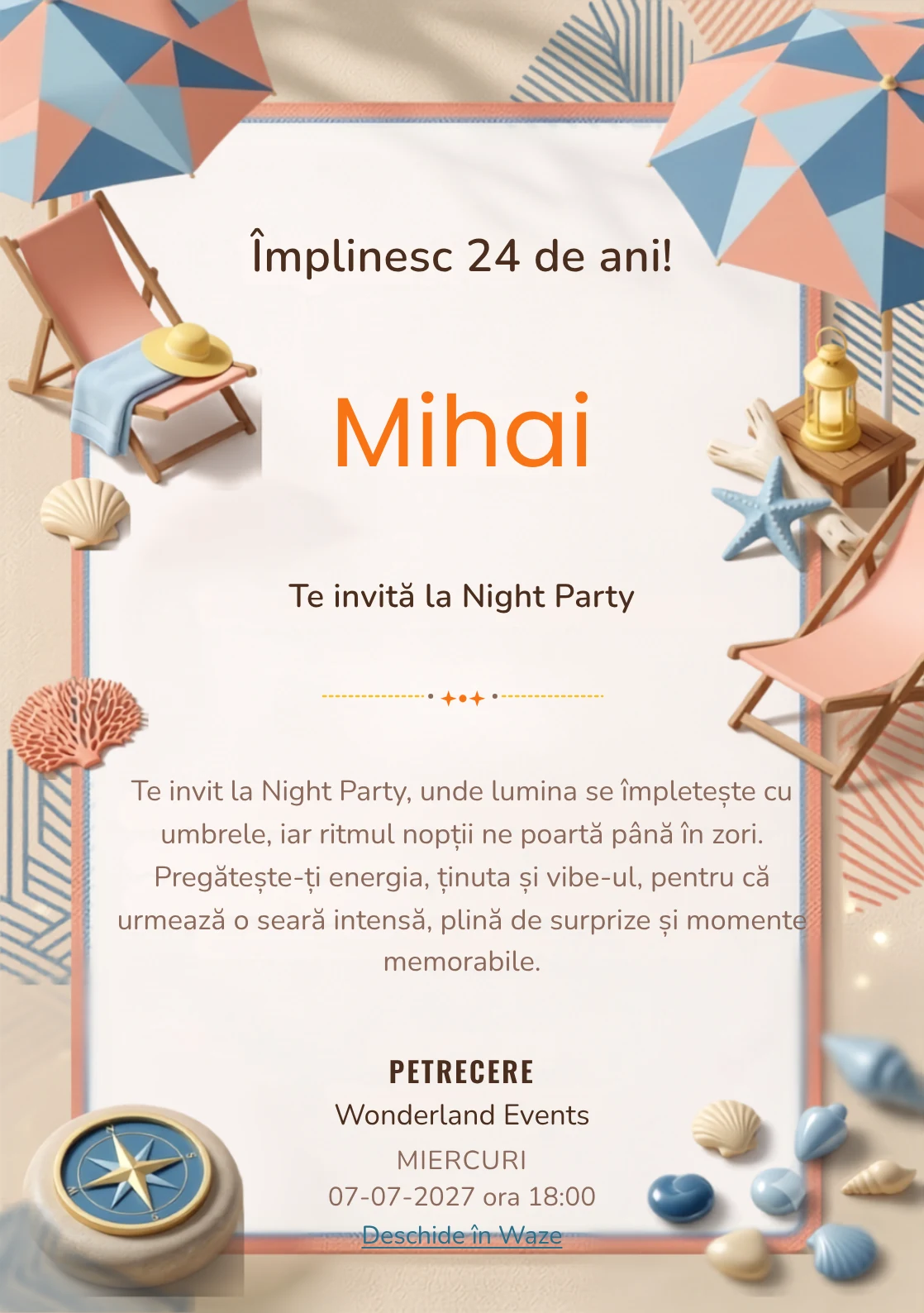 Retro Riviera este un model de invitații digitale pentru o aniversare adultă, definit vizual de un șezlong și forme marine.