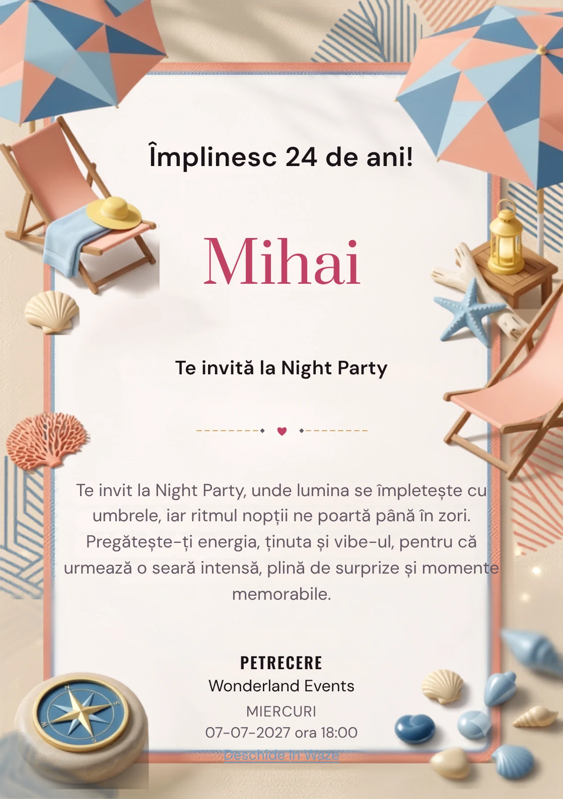 Retro Riviera este un model de invitații digitale pentru o aniversare adultă, definit vizual de un șezlong și forme marine.