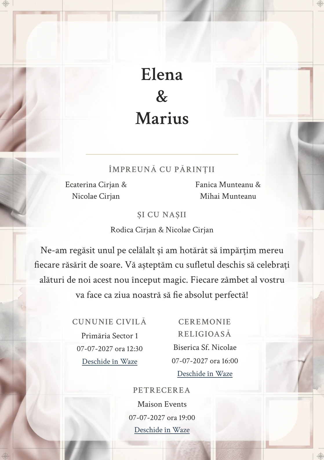 Imaginea Revista de Gală, pentru invitații de nuntă, este definită de cadre de revistă și tonuri de crem revistă, gri grafit și roz nude rece.