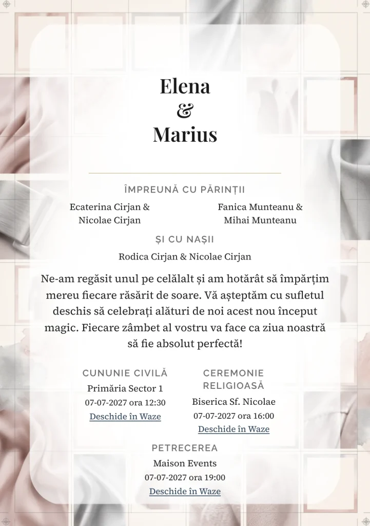 Imaginea Revista de Gală, pentru invitații de nuntă, este definită de cadre de revistă și tonuri de crem revistă, gri grafit și roz nude rece.