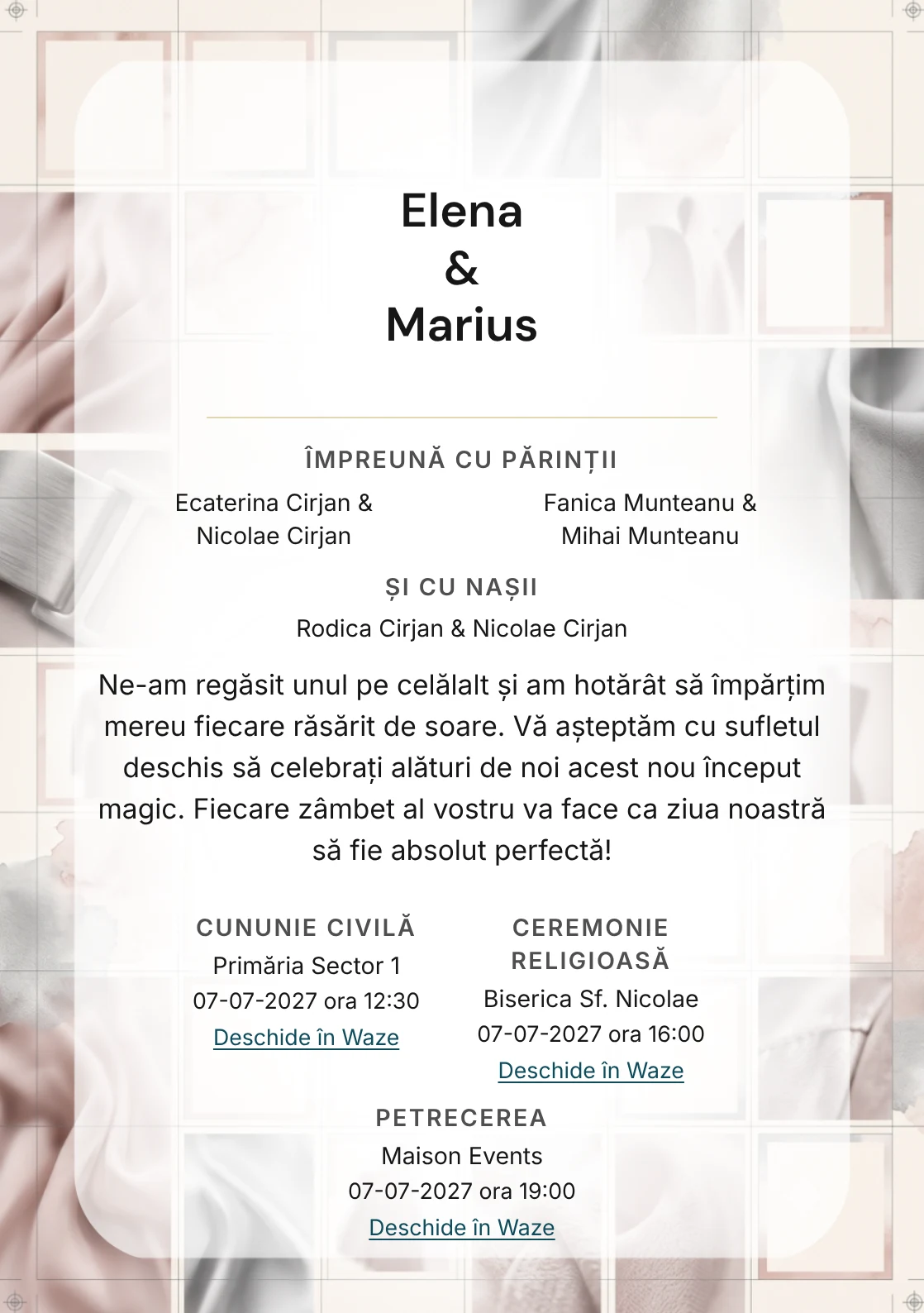 Imaginea Revista de Gală, pentru invitații de nuntă, este definită de cadre de revistă și tonuri de crem revistă, gri grafit și roz nude rece.