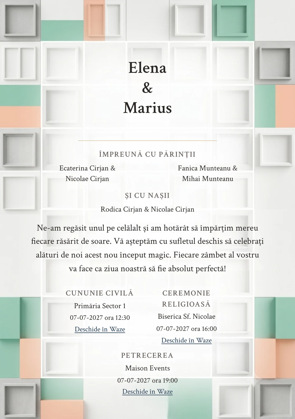 Designul Ritm Aerisit, în colecția de invitații nuntă, combină grilă de module rare cu o cromatică de alb hârtie, verde seafoam și piersică minerală.