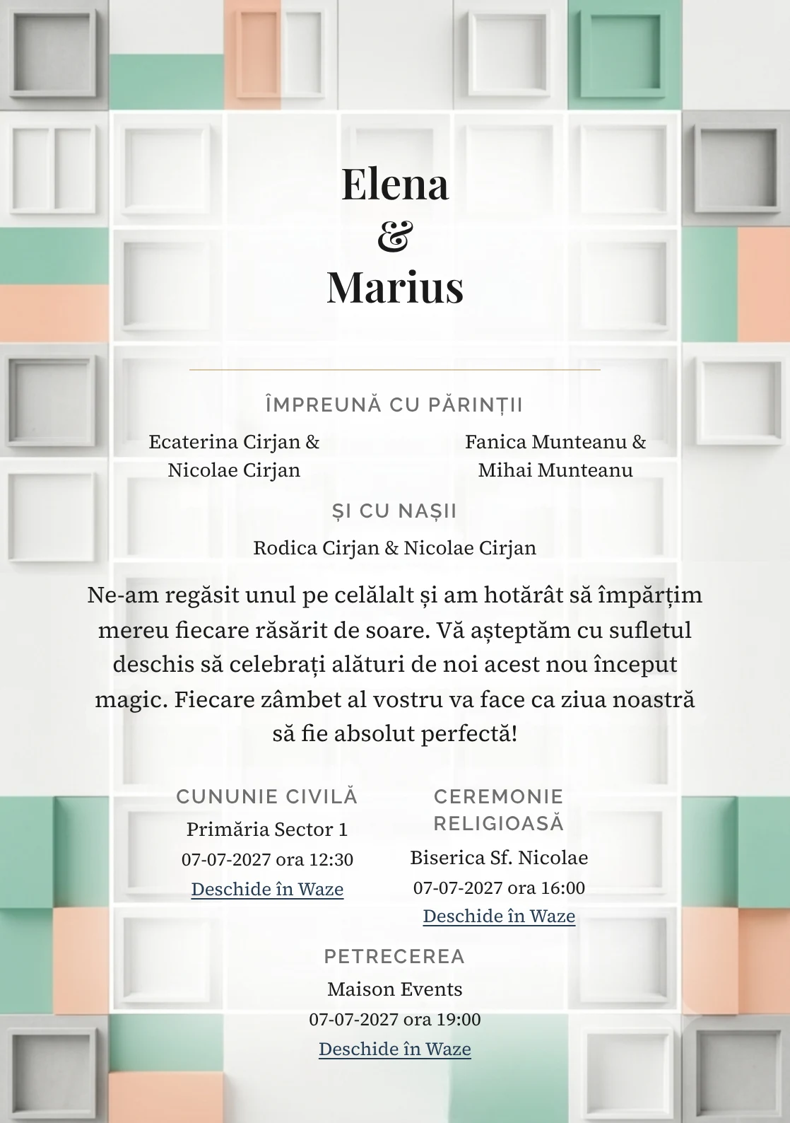 Designul Ritm Aerisit, în colecția de invitații nuntă, combină grilă de module rare cu o cromatică de alb hârtie, verde seafoam și piersică minerală.