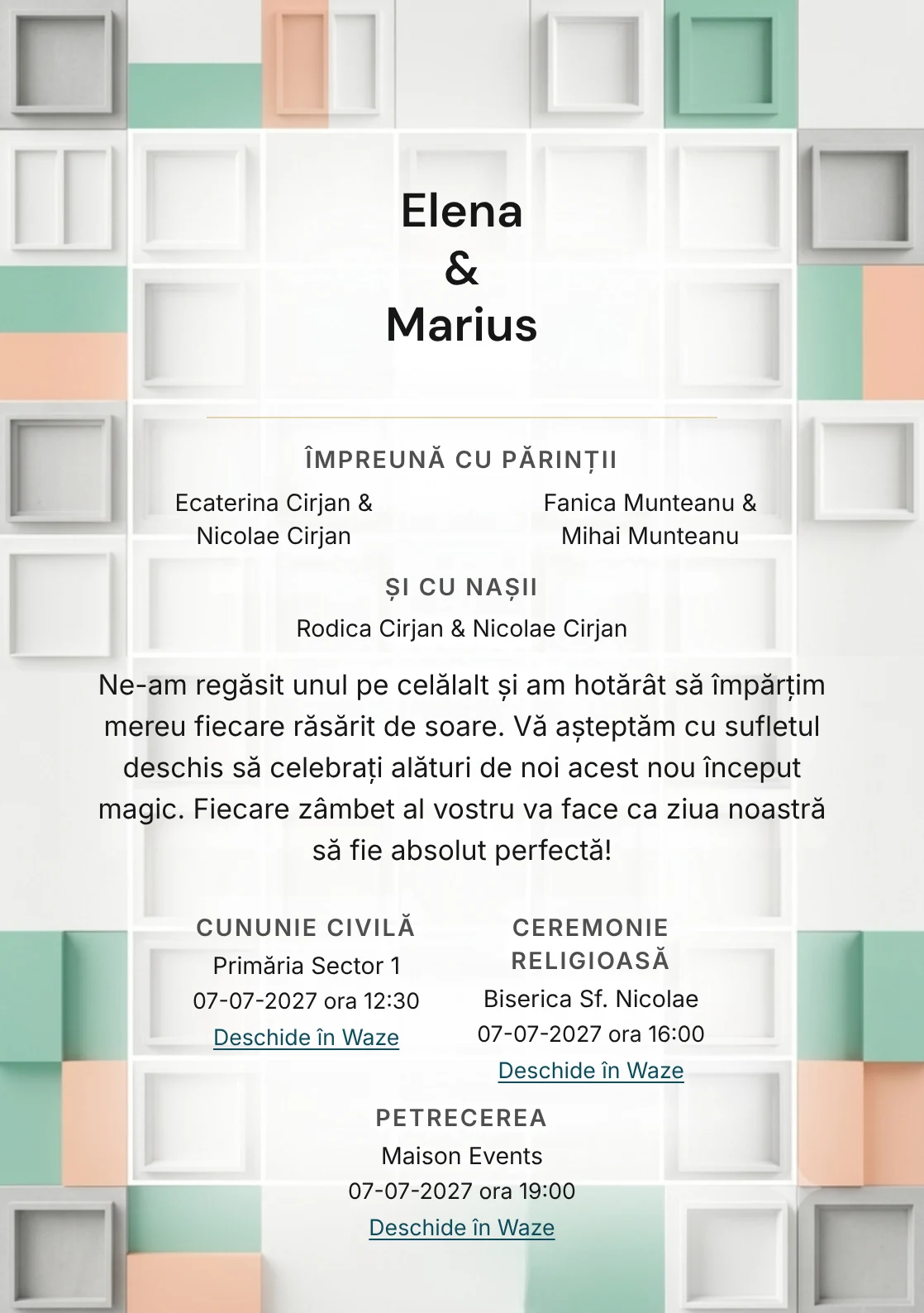 Designul Ritm Aerisit, în colecția de invitații nuntă, combină grilă de module rare cu o cromatică de alb hârtie, verde seafoam și piersică minerală.