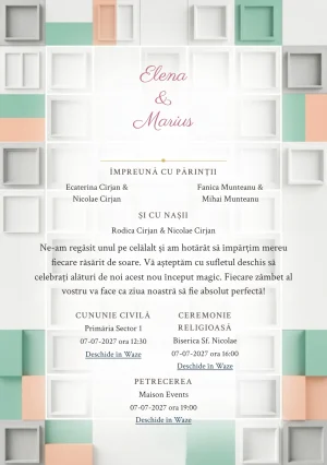 Designul Ritm Aerisit, în colecția de invitații nuntă, combină grilă de module rare cu o cromatică de alb hârtie, verde seafoam și piersică minerală.