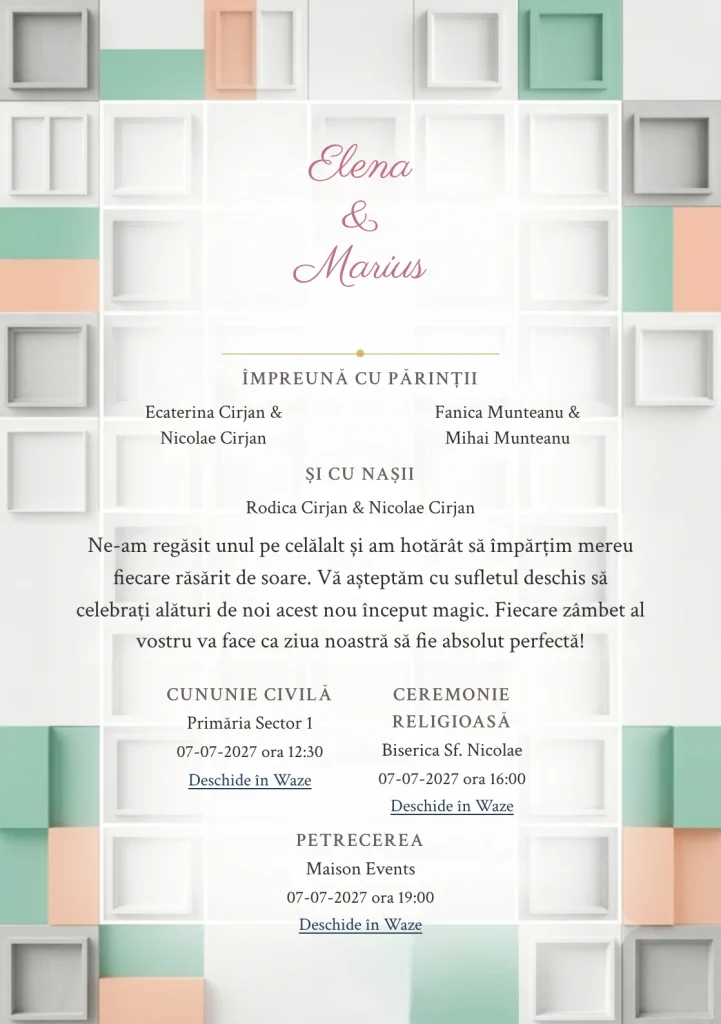Designul Ritm Aerisit, în colecția de invitații nuntă, combină grilă de module rare cu o cromatică de alb hârtie, verde seafoam și piersică minerală.