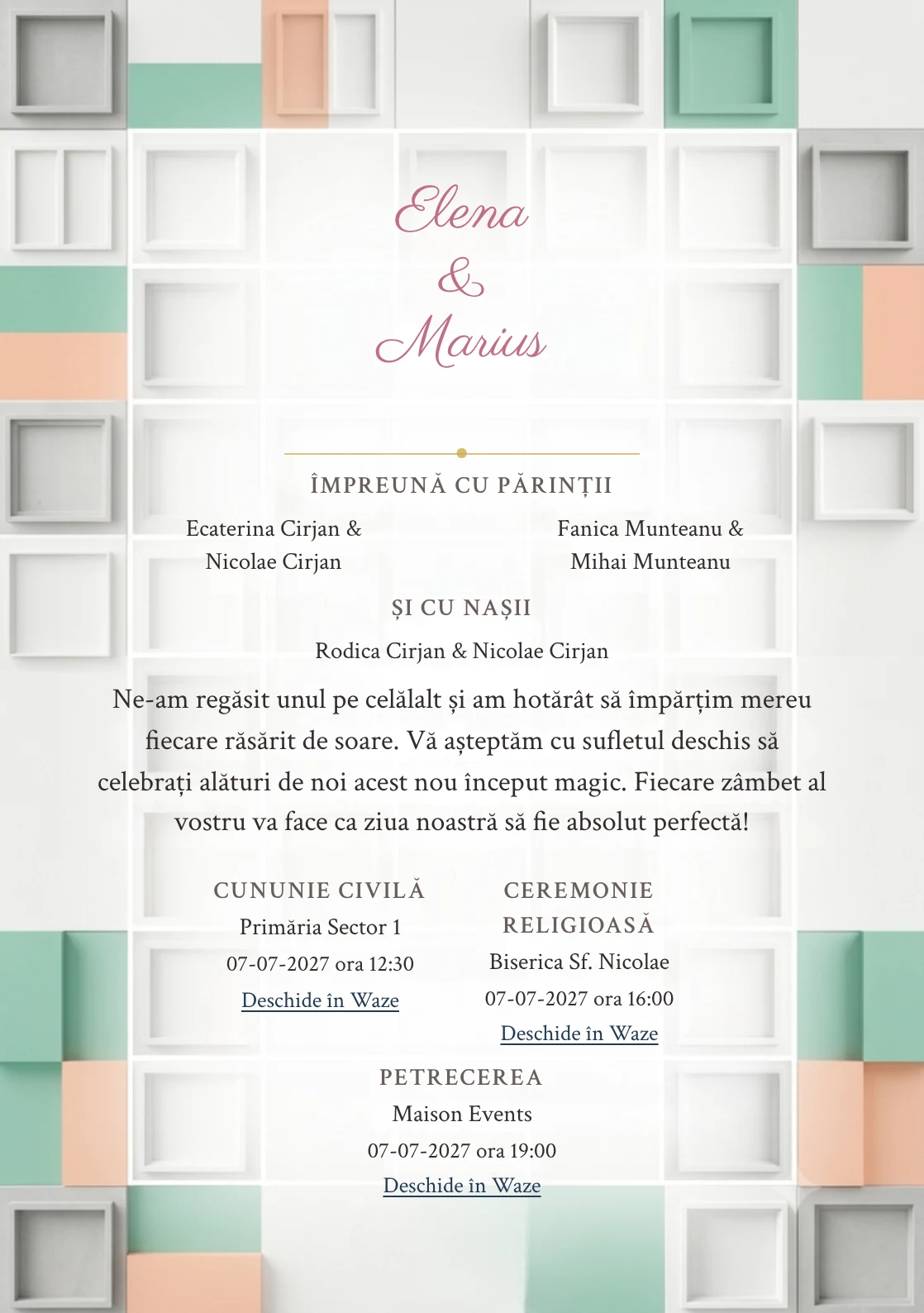 Designul Ritm Aerisit, în colecția de invitații nuntă, combină grilă de module rare cu o cromatică de alb hârtie, verde seafoam și piersică minerală.