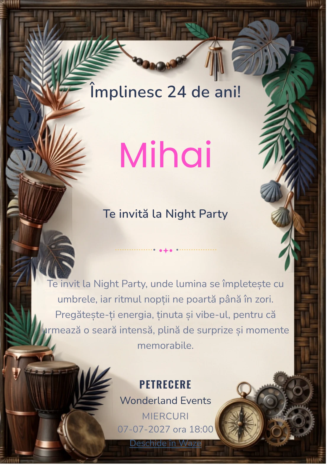 Ritmuri Tropicale este un model de invitații digitale pentru o aniversare adultă, definit vizual de percuții și frunze grafice.
