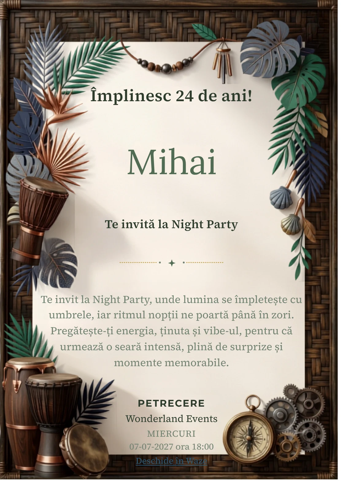Ritmuri Tropicale este un model de invitații digitale pentru o aniversare adultă, definit vizual de percuții și frunze grafice.