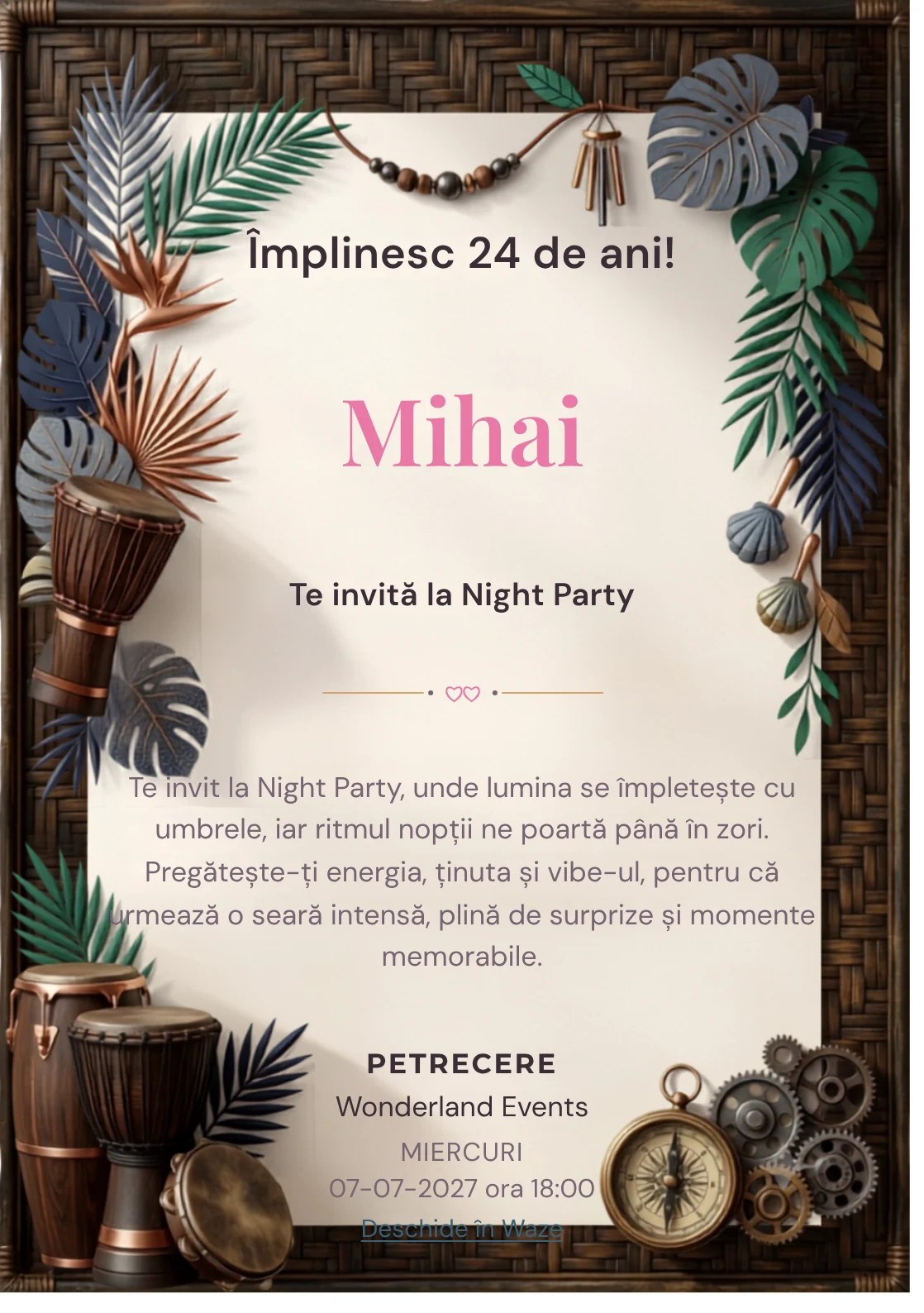 Ritmuri Tropicale este un model de invitații digitale pentru o aniversare adultă, definit vizual de percuții și frunze grafice.