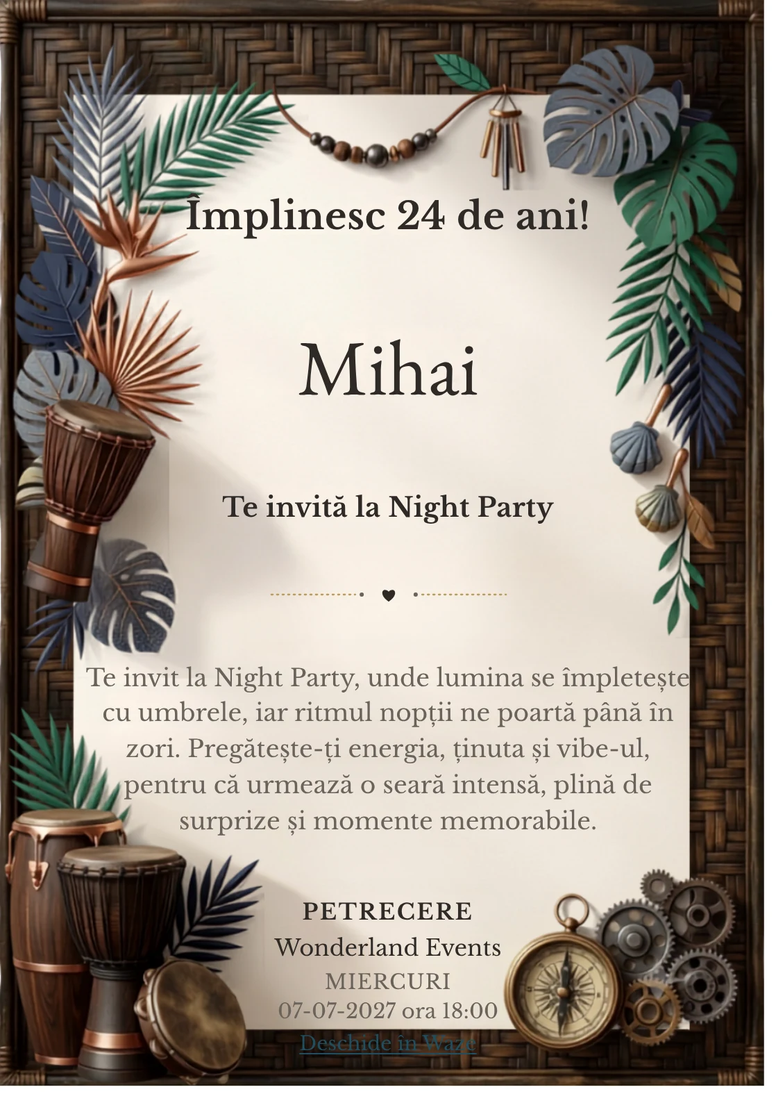 Ritmuri Tropicale este un model de invitații digitale pentru o aniversare adultă, definit vizual de percuții și frunze grafice.