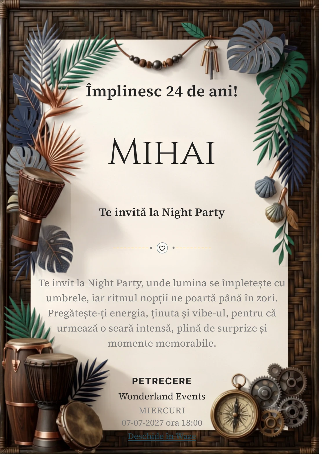 Ritmuri Tropicale este un model de invitații digitale pentru o aniversare adultă, definit vizual de percuții și frunze grafice.