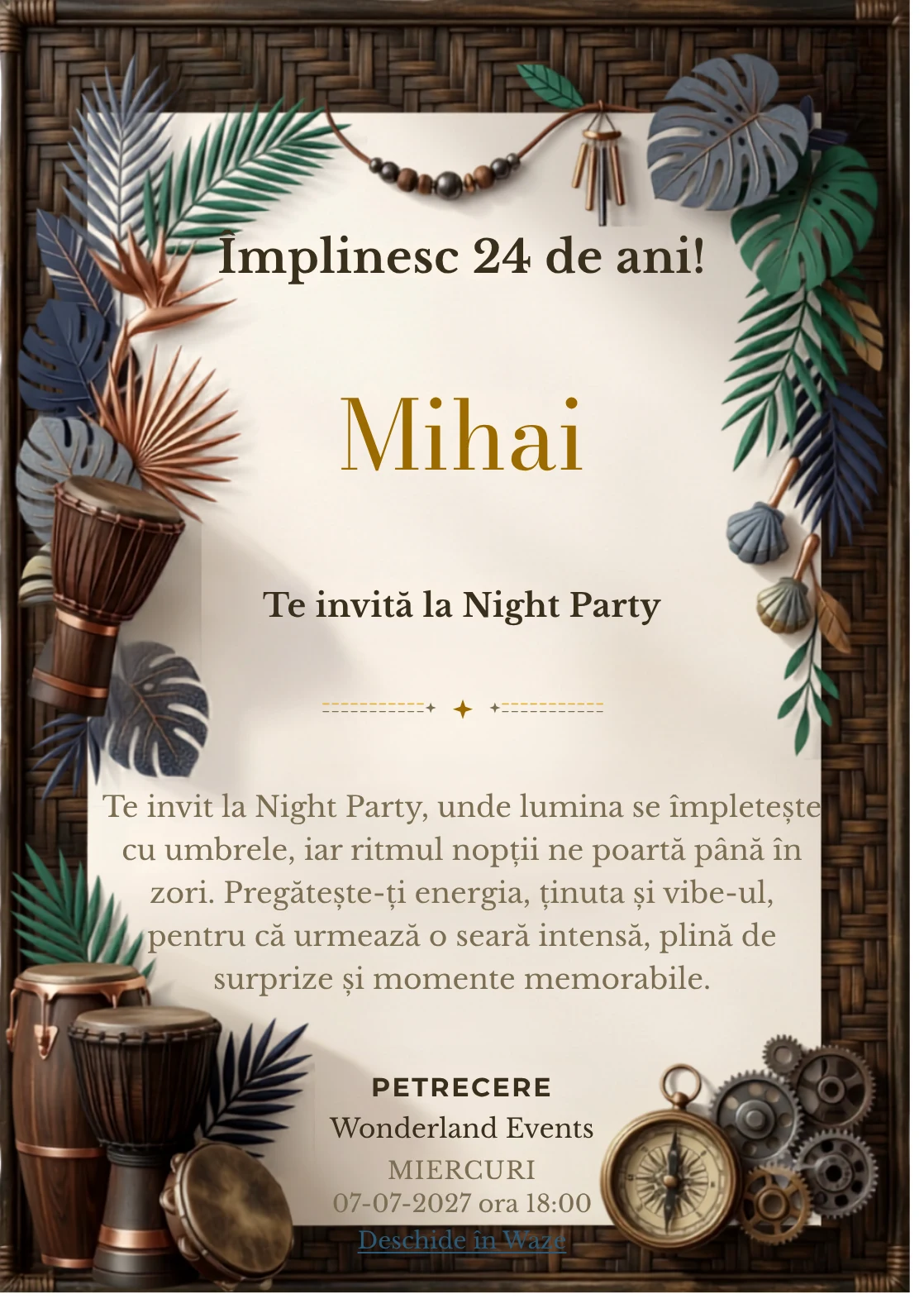 Ritmuri Tropicale este un model de invitații digitale pentru o aniversare adultă, definit vizual de percuții și frunze grafice.