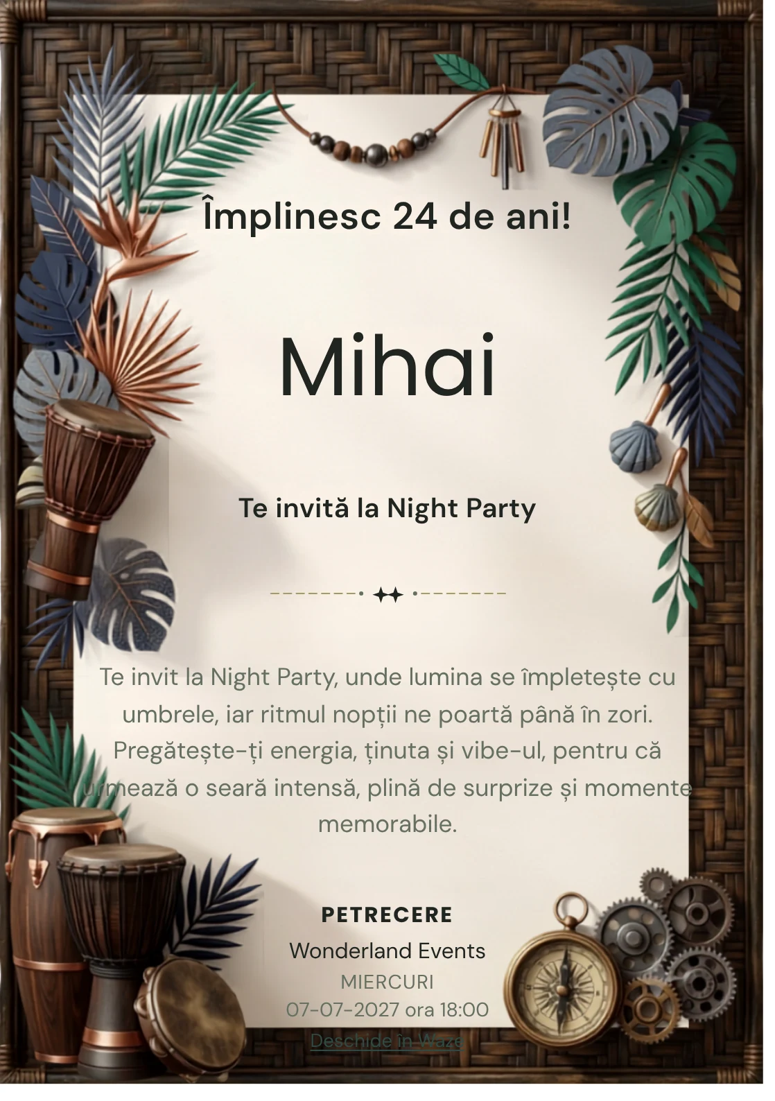 Ritmuri Tropicale este un model de invitații digitale pentru o aniversare adultă, definit vizual de percuții și frunze grafice.