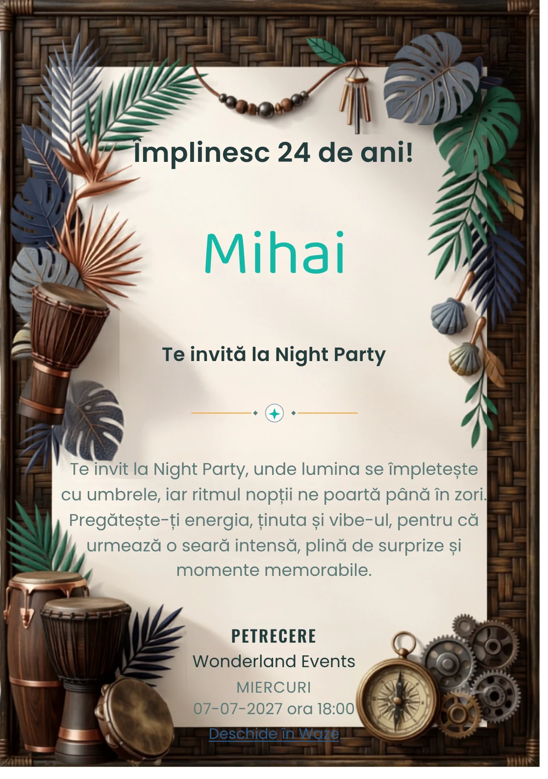 Ritmuri Tropicale este un model de invitații digitale pentru o aniversare adultă, definit vizual de percuții și frunze grafice.
