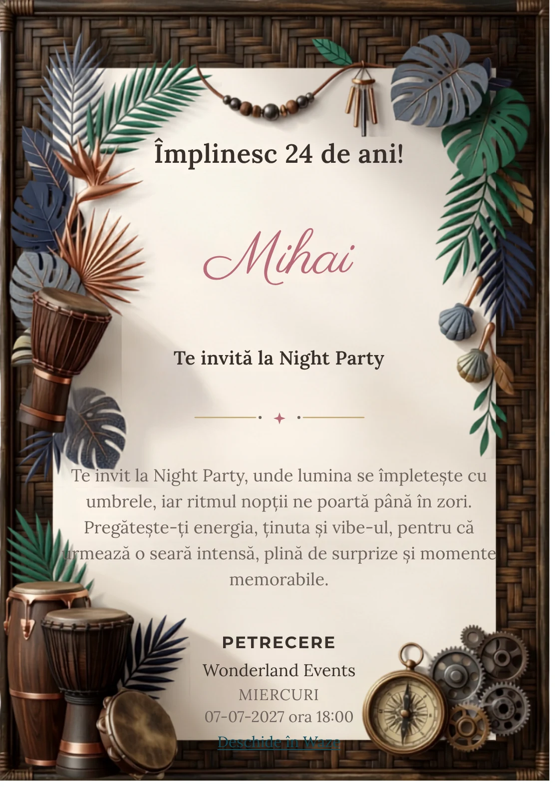 Ritmuri Tropicale este un model de invitații digitale pentru o aniversare adultă, definit vizual de percuții și frunze grafice.