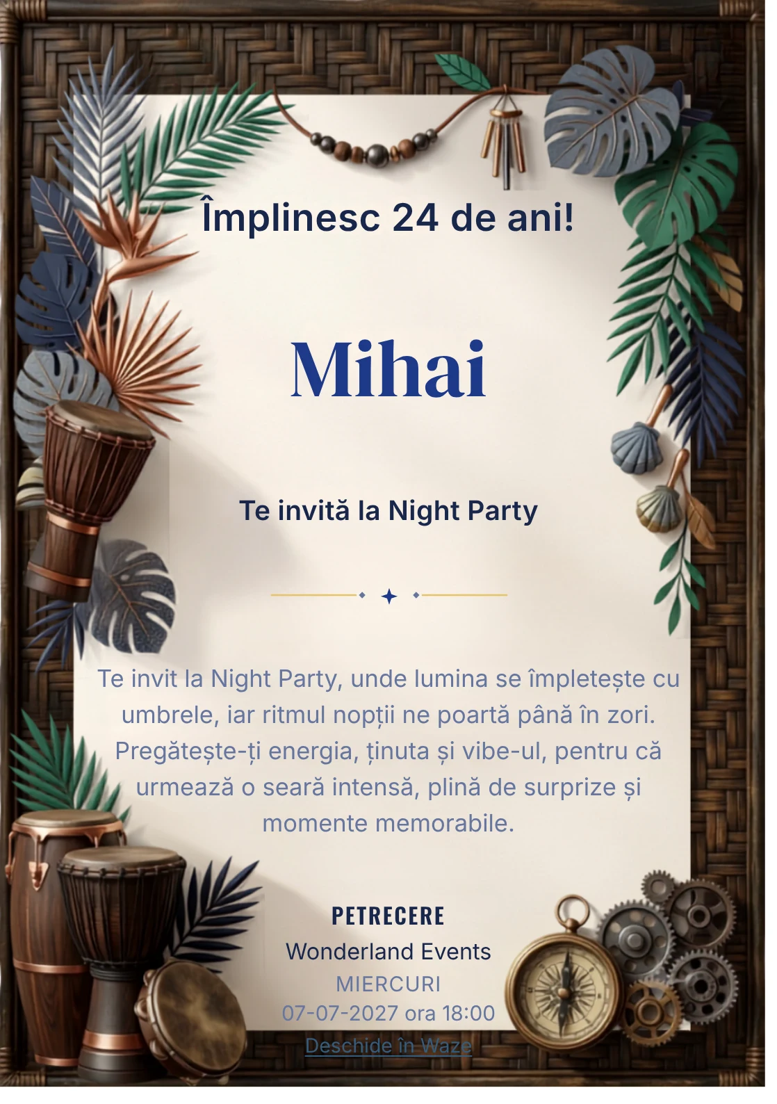 Ritmuri Tropicale este un model de invitații digitale pentru o aniversare adultă, definit vizual de percuții și frunze grafice.