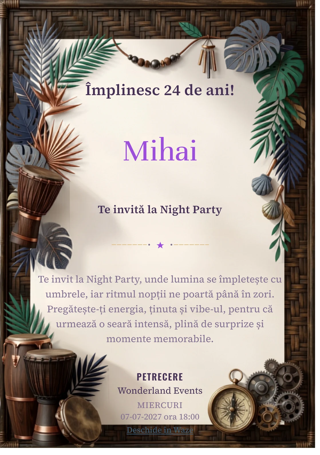 Ritmuri Tropicale este un model de invitații digitale pentru o aniversare adultă, definit vizual de percuții și frunze grafice.