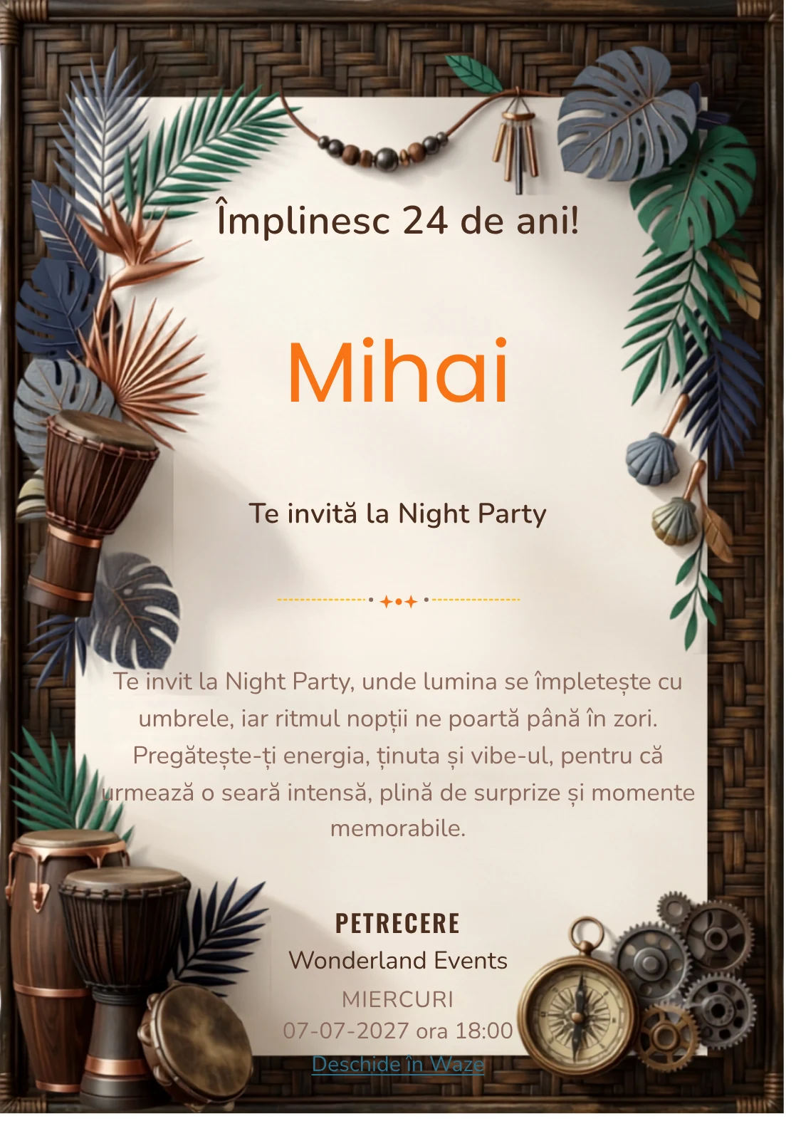 Ritmuri Tropicale este un model de invitații digitale pentru o aniversare adultă, definit vizual de percuții și frunze grafice.
