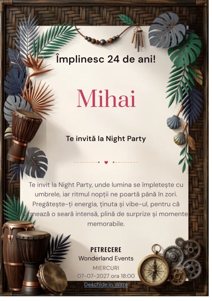 Ritmuri Tropicale este un model de invitații digitale pentru o aniversare adultă, definit vizual de percuții și frunze grafice.