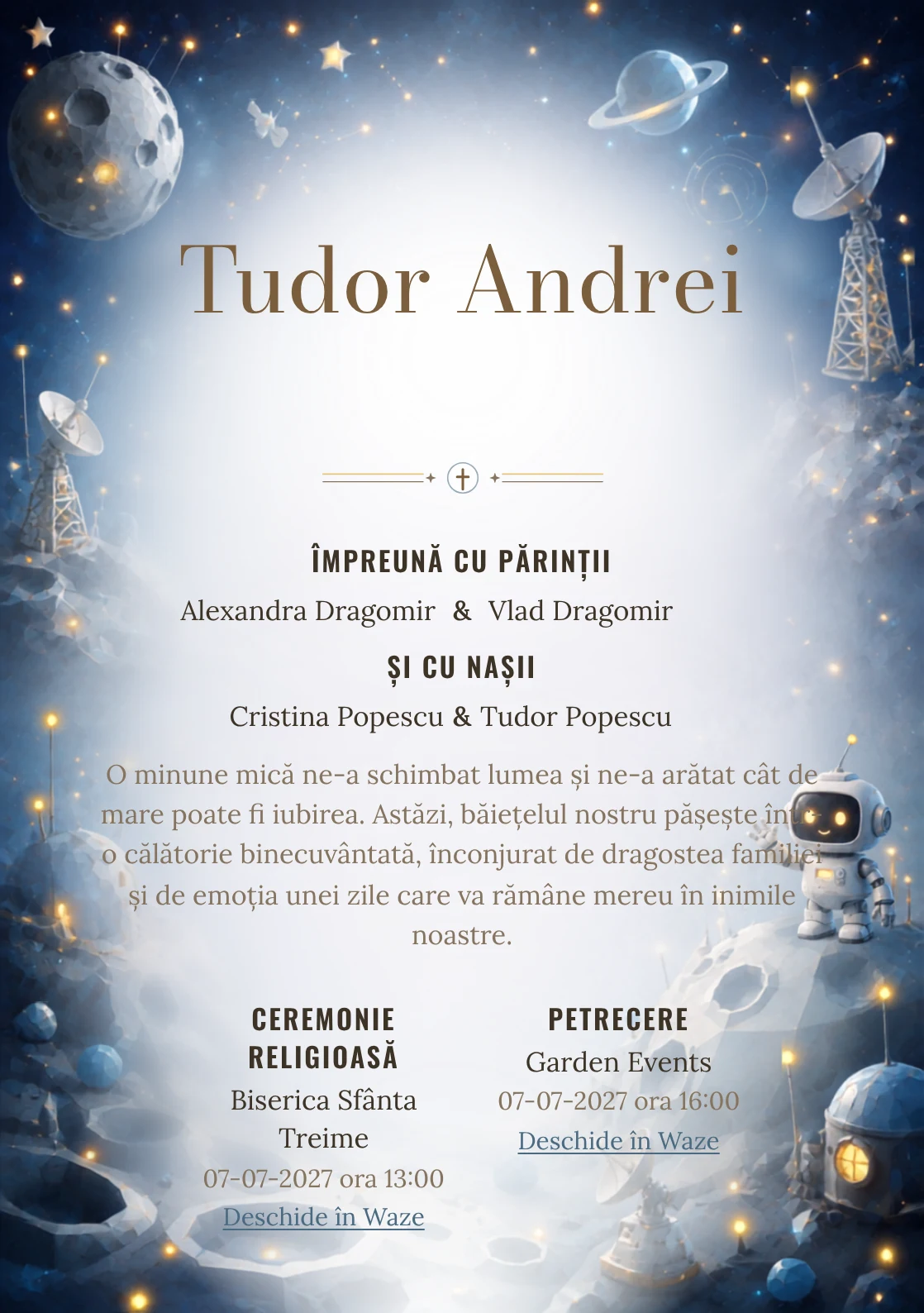 Designul Robotul Lunar, din gama de invitații digitale botez, reunește un robot prietenos pe o lună geometrică cu antene, cratere și puncte de lumină.