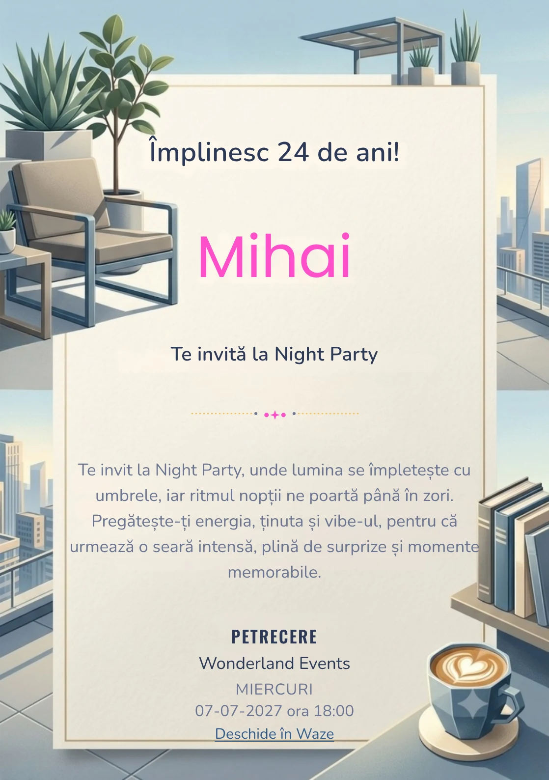 Pentru aniversările adulților, Rooftop de Dimineață propune invitații digitale cu mobilier geometric și plante arhitecturale și nuanțe de bleu dimineață și gri cald.