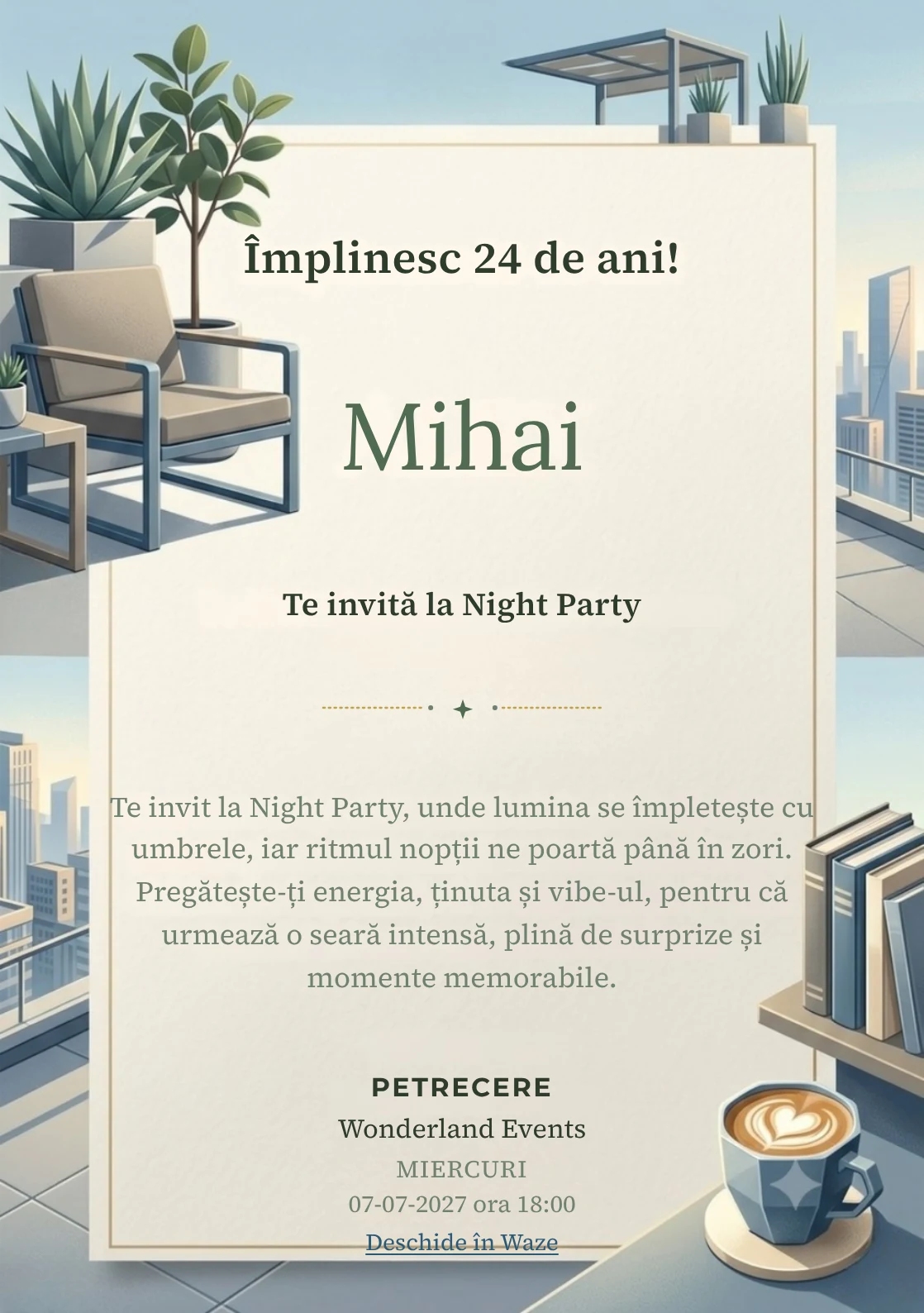 Pentru aniversările adulților, Rooftop de Dimineață propune invitații digitale cu mobilier geometric și plante arhitecturale și nuanțe de bleu dimineață și gri cald.
