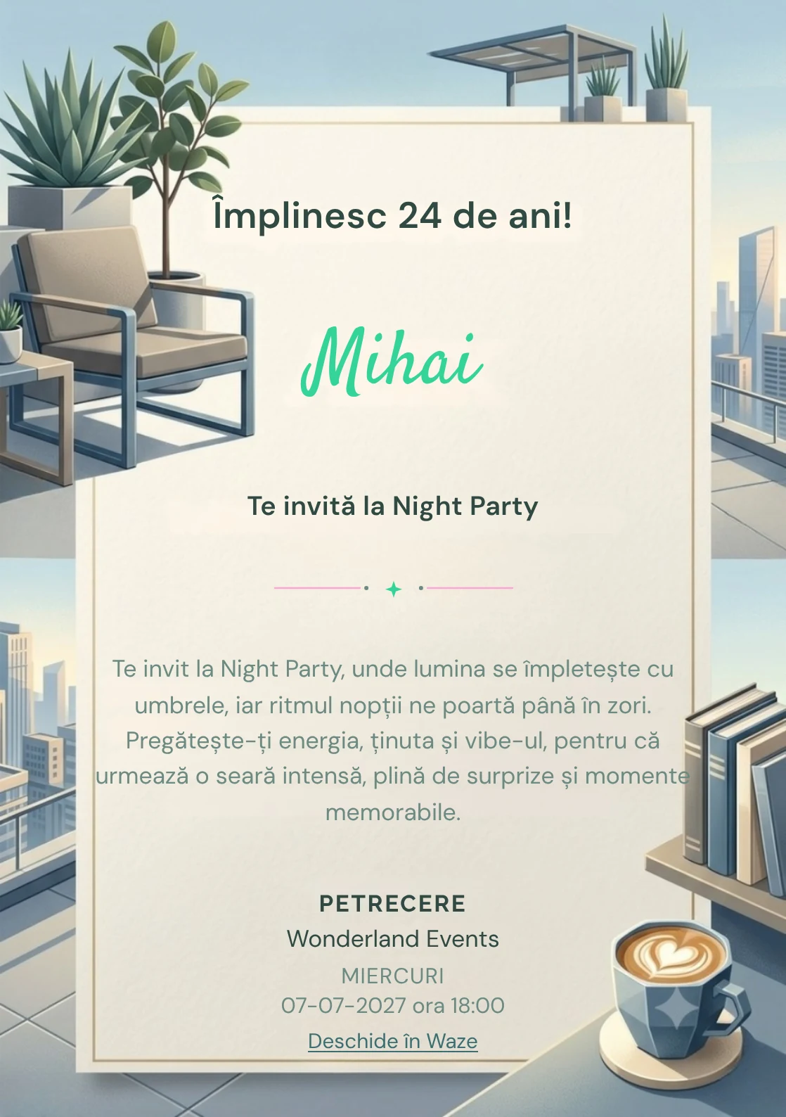 Pentru aniversările adulților, Rooftop de Dimineață propune invitații digitale cu mobilier geometric și plante arhitecturale și nuanțe de bleu dimineață și gri cald.