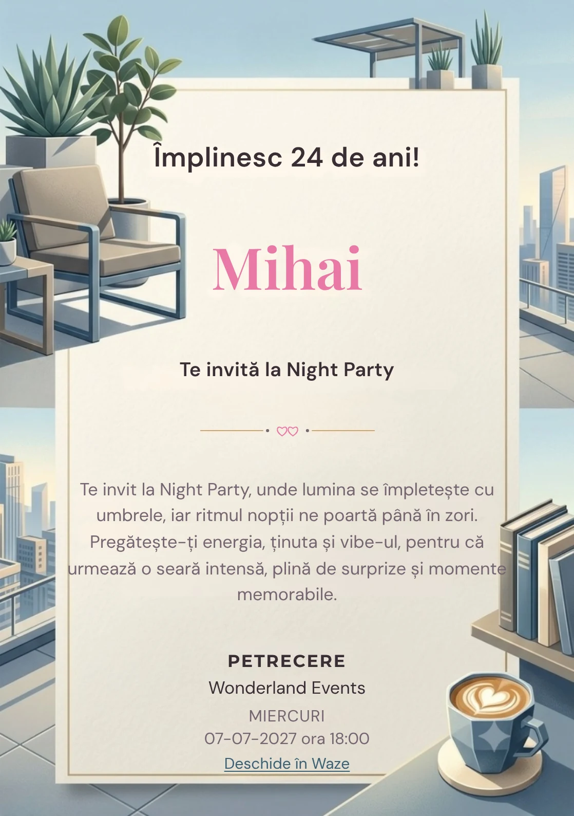 Pentru aniversările adulților, Rooftop de Dimineață propune invitații digitale cu mobilier geometric și plante arhitecturale și nuanțe de bleu dimineață și gri cald.