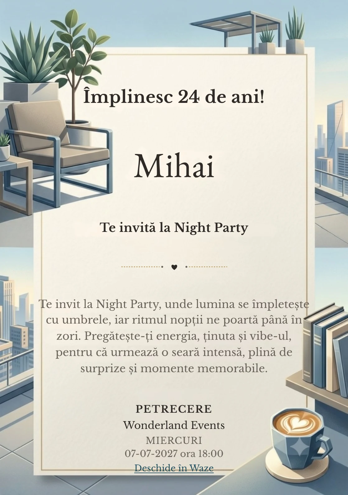 Pentru aniversările adulților, Rooftop de Dimineață propune invitații digitale cu mobilier geometric și plante arhitecturale și nuanțe de bleu dimineață și gri cald.