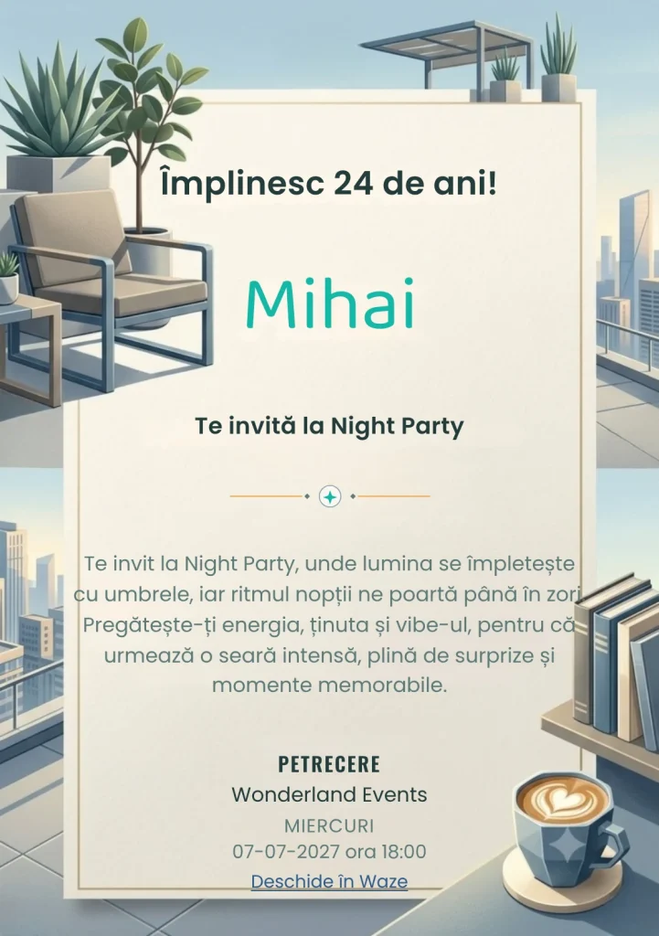 Pentru aniversările adulților, Rooftop de Dimineață propune invitații digitale cu mobilier geometric și plante arhitecturale și nuanțe de bleu dimineață și gri cald.