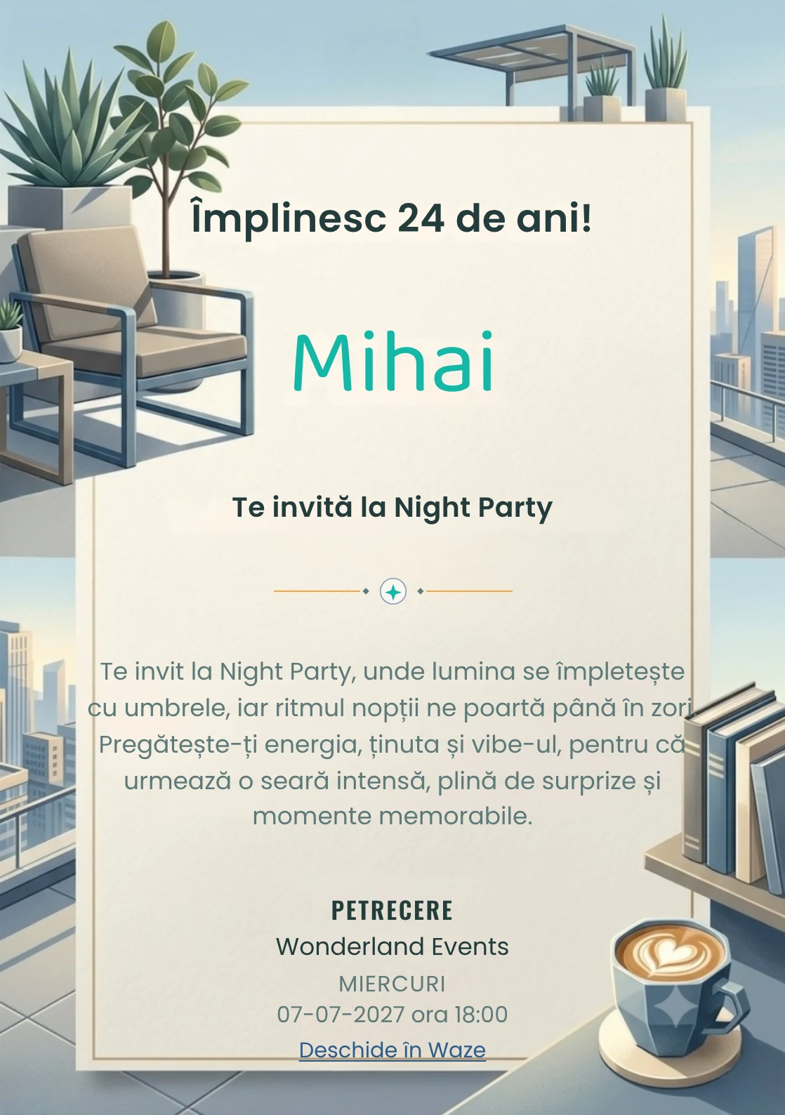 Pentru aniversările adulților, Rooftop de Dimineață propune invitații digitale cu mobilier geometric și plante arhitecturale și nuanțe de bleu dimineață și gri cald.
