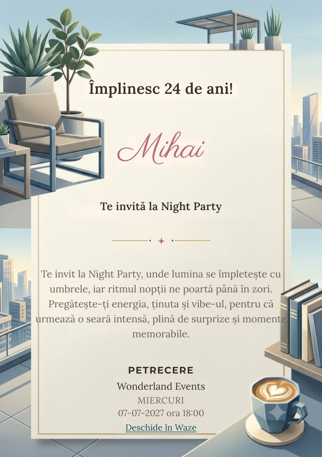Pentru aniversările adulților, Rooftop de Dimineață propune invitații digitale cu mobilier geometric și plante arhitecturale și nuanțe de bleu dimineață și gri cald.
