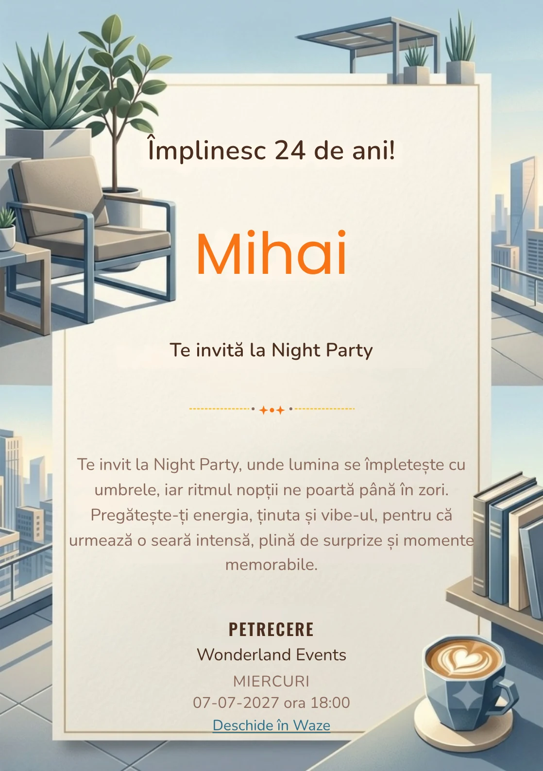Pentru aniversările adulților, Rooftop de Dimineață propune invitații digitale cu mobilier geometric și plante arhitecturale și nuanțe de bleu dimineață și gri cald.
