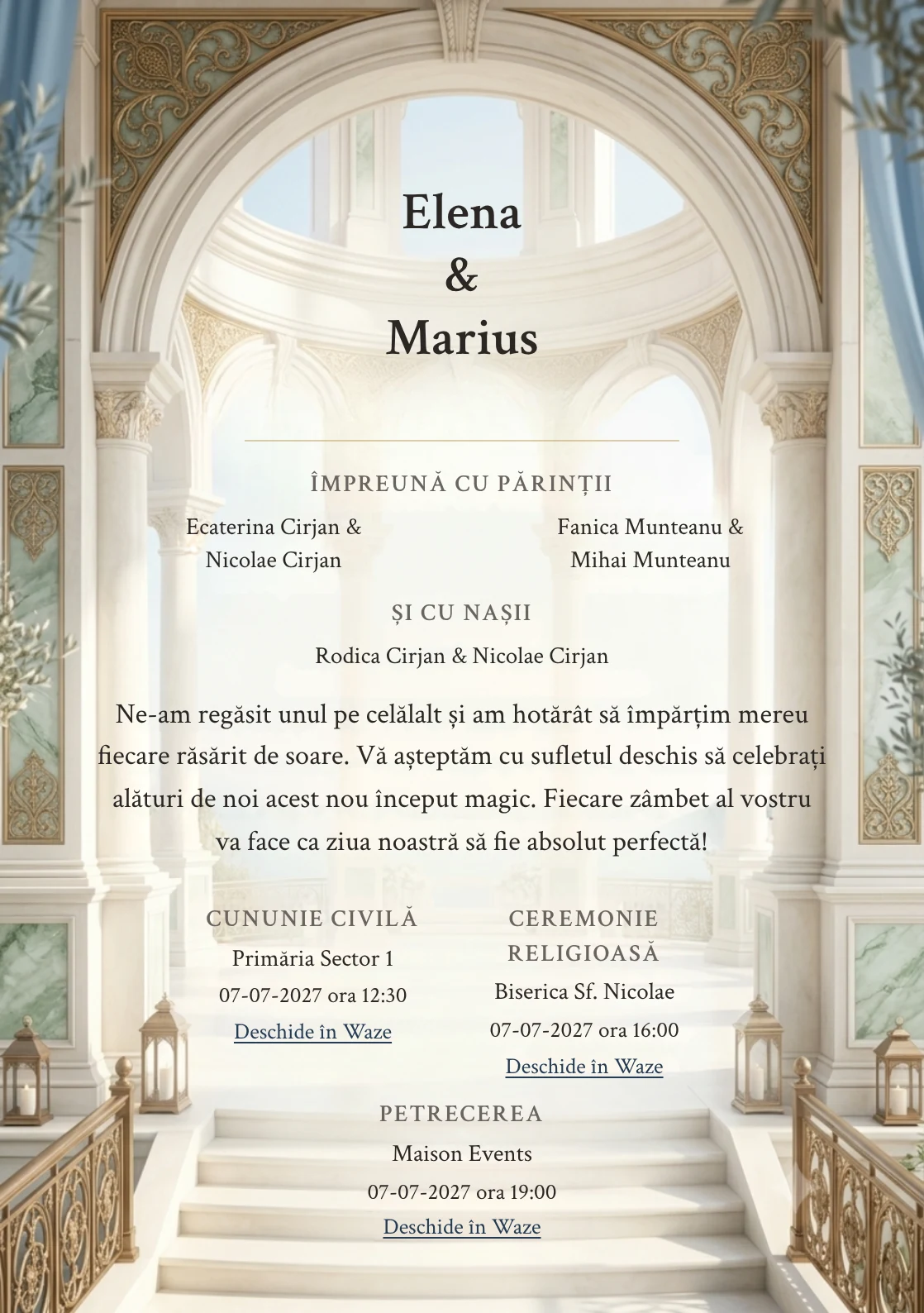 Rotunda Ceremoniei, pentru o invitație de nuntă, pune accent pe rotundă deschisă cu arce fine, alături de tonuri de ivory rotundă, verde marmură pal și albastru praf.