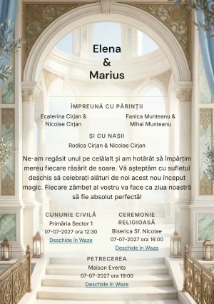 Rotunda Ceremoniei, pentru o invitație de nuntă, pune accent pe rotundă deschisă cu arce fine, alături de tonuri de ivory rotundă, verde marmură pal și albastru praf.