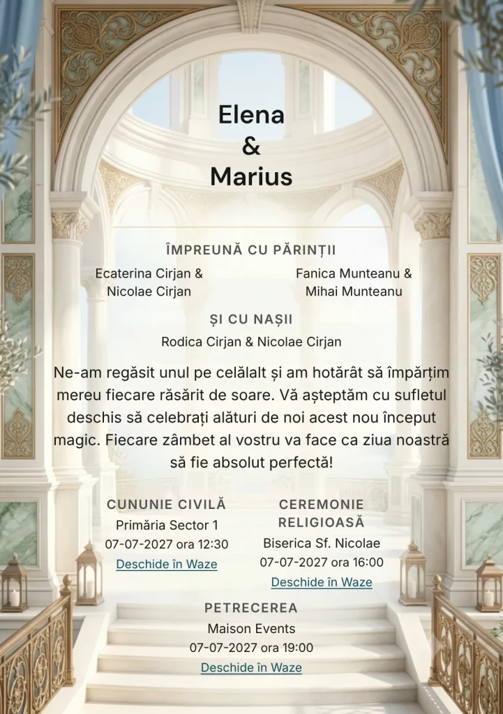 Rotunda Ceremoniei, pentru o invitație de nuntă, pune accent pe rotundă deschisă cu arce fine, alături de tonuri de ivory rotundă, verde marmură pal și albastru praf.