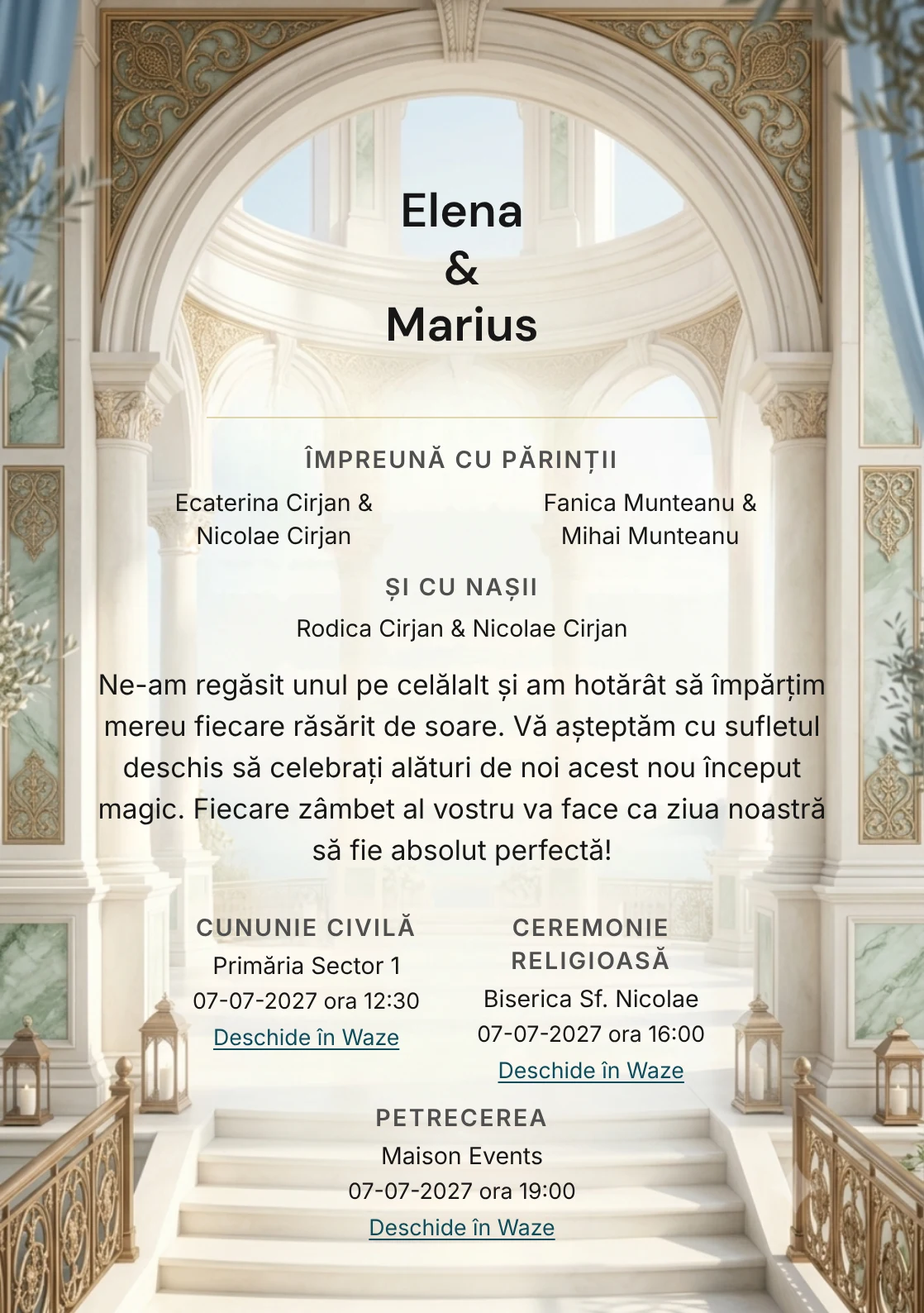 Rotunda Ceremoniei, pentru o invitație de nuntă, pune accent pe rotundă deschisă cu arce fine, alături de tonuri de ivory rotundă, verde marmură pal și albastru praf.