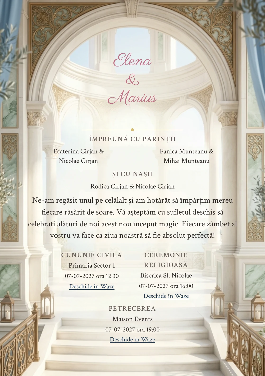 Rotunda Ceremoniei, pentru o invitație de nuntă, pune accent pe rotundă deschisă cu arce fine, alături de tonuri de ivory rotundă, verde marmură pal și albastru praf.