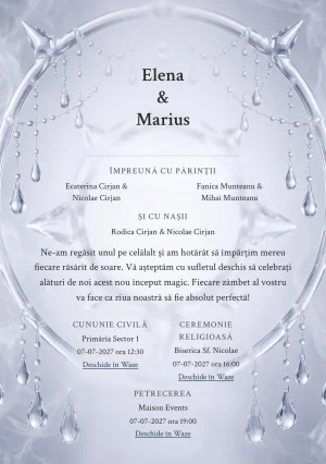 Rouă de Cristal, pentru o invitație de nuntă, prezintă halou cristalin cu picături suspendate, completat vizual de nuanțe de alb cristal, bleu polar și lavandă glacială.