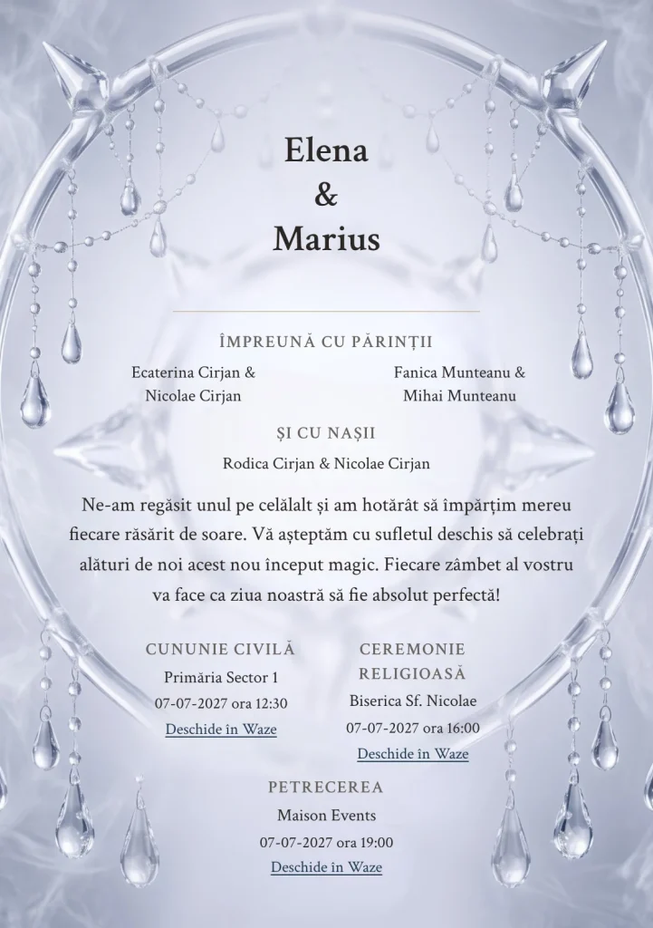 Rouă de Cristal, pentru o invitație de nuntă, prezintă halou cristalin cu picături suspendate, completat vizual de nuanțe de alb cristal, bleu polar și lavandă glacială.