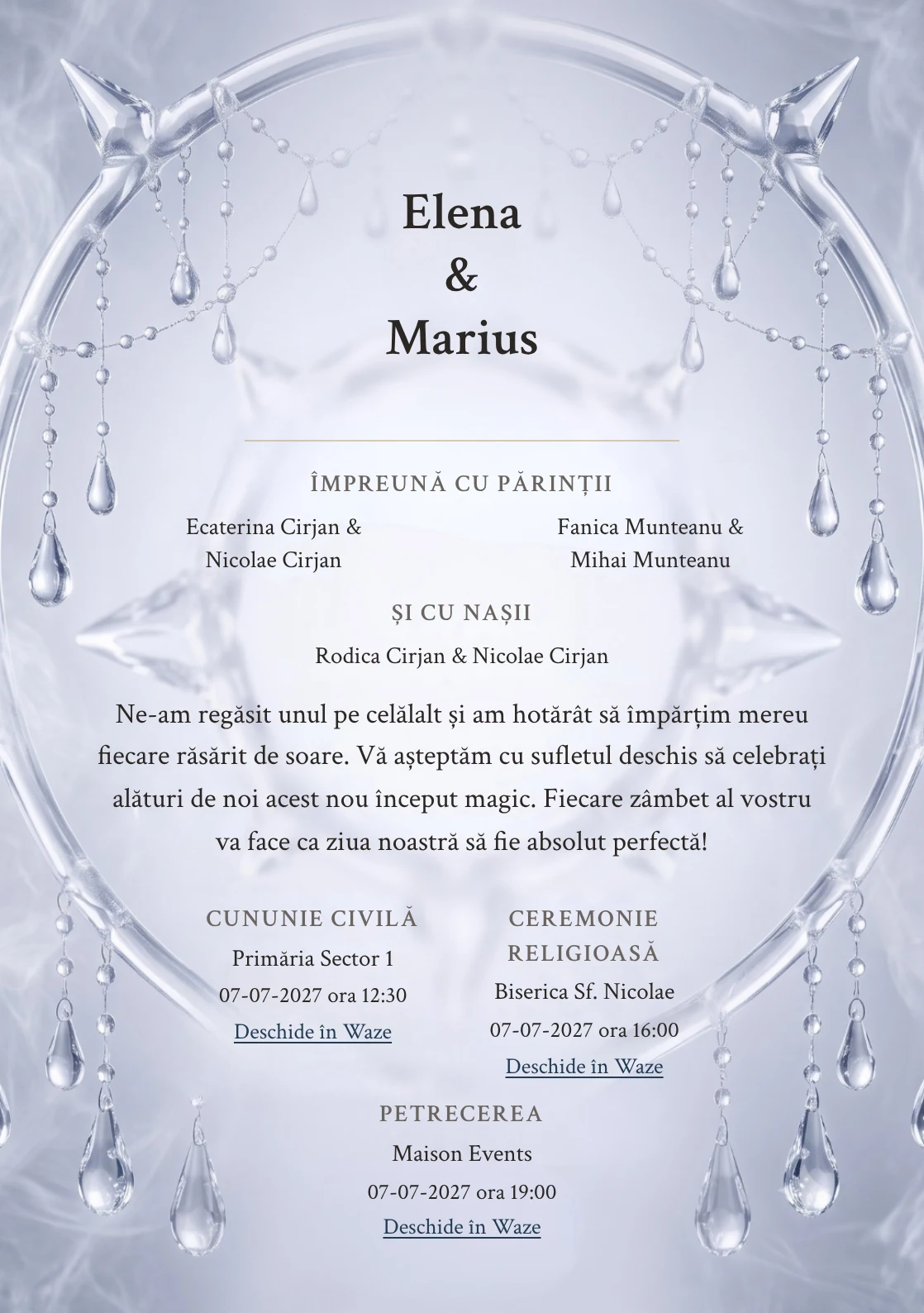 Rouă de Cristal, pentru o invitație de nuntă, prezintă halou cristalin cu picături suspendate, completat vizual de nuanțe de alb cristal, bleu polar și lavandă glacială.