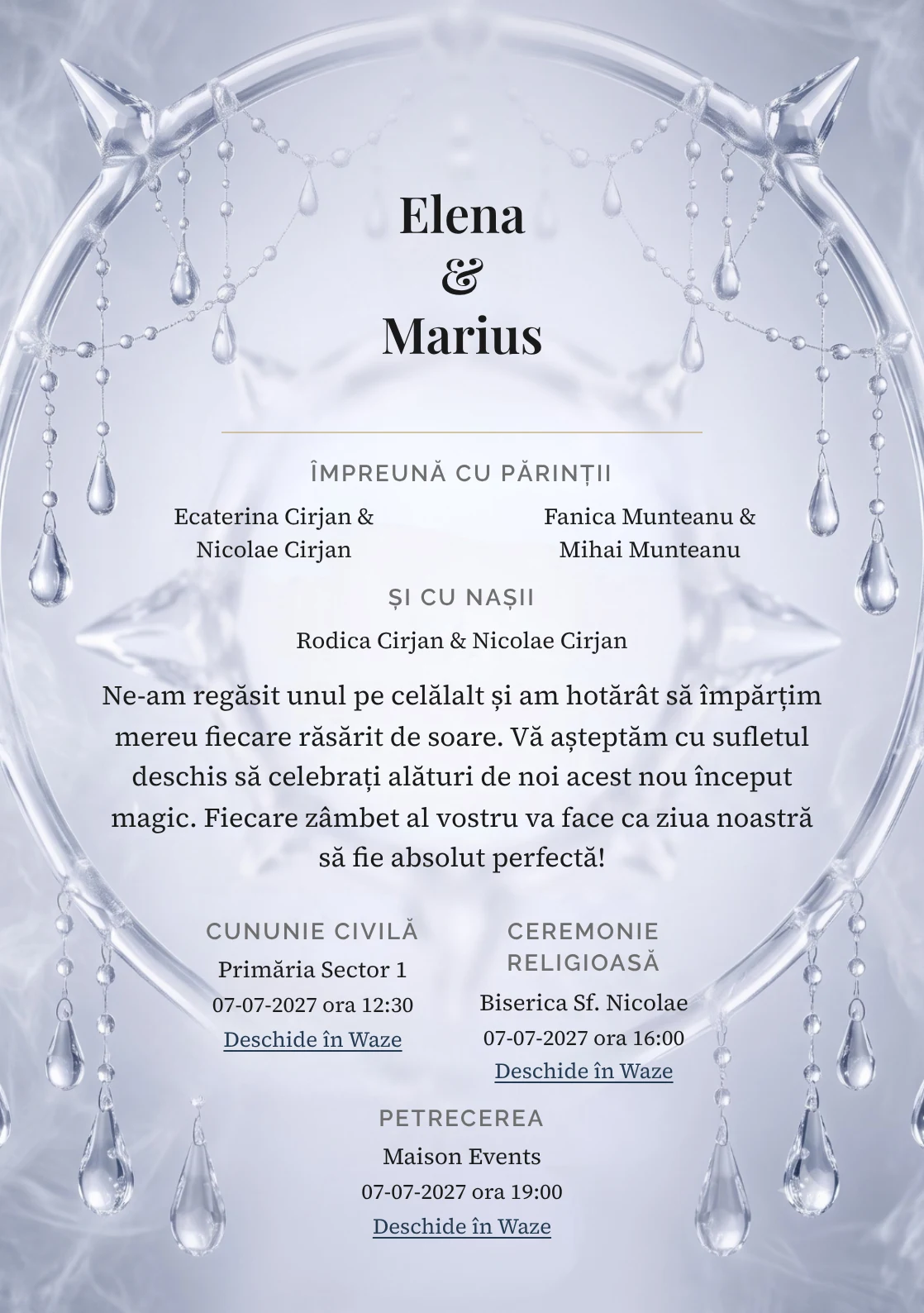 Rouă de Cristal, pentru o invitație de nuntă, prezintă halou cristalin cu picături suspendate, completat vizual de nuanțe de alb cristal, bleu polar și lavandă glacială.