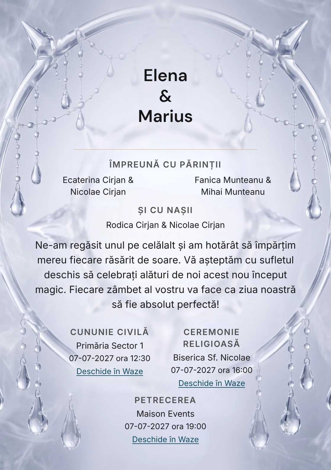 Rouă de Cristal, pentru o invitație de nuntă, prezintă halou cristalin cu picături suspendate, completat vizual de nuanțe de alb cristal, bleu polar și lavandă glacială.