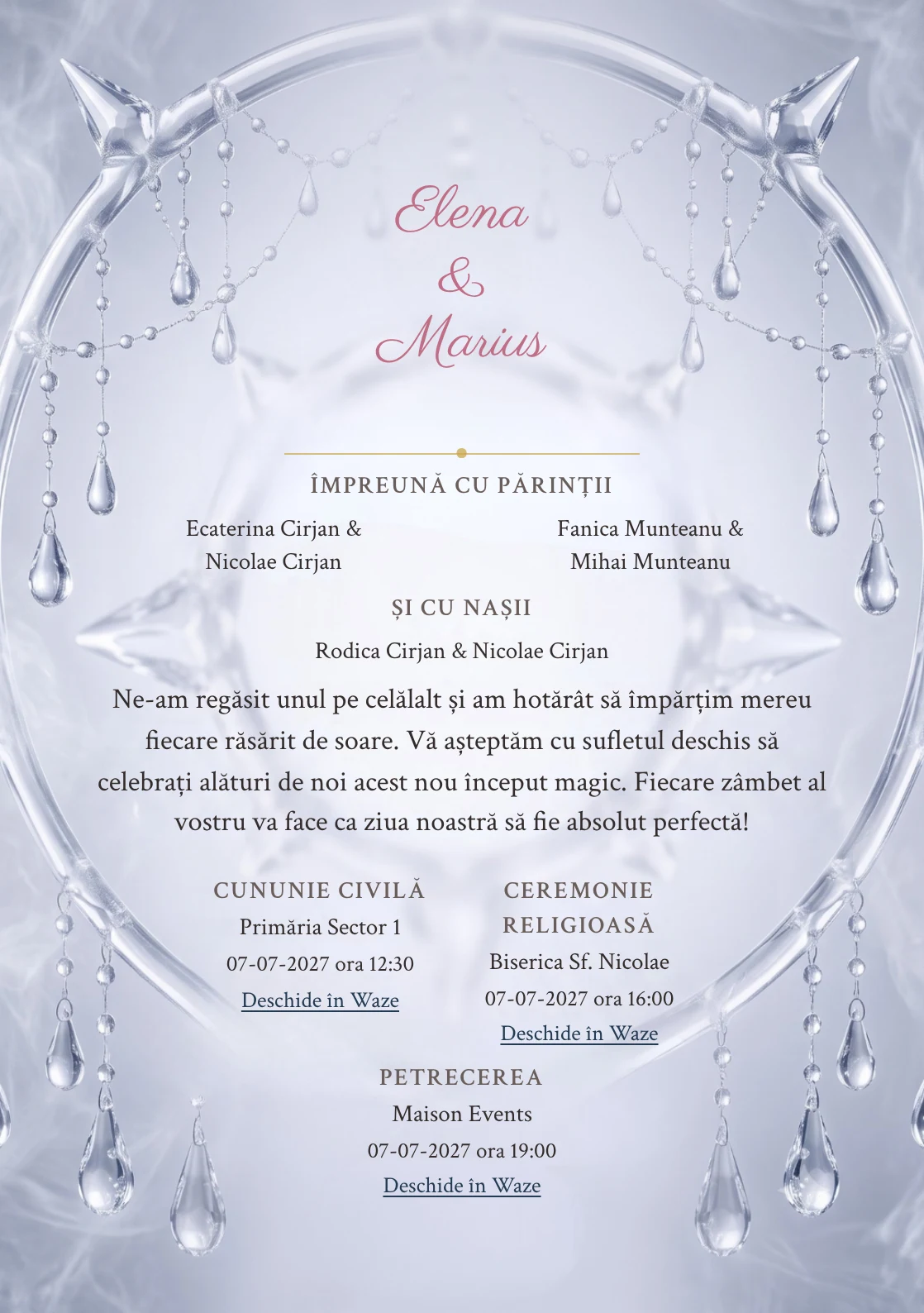 Rouă de Cristal, pentru o invitație de nuntă, prezintă halou cristalin cu picături suspendate, completat vizual de nuanțe de alb cristal, bleu polar și lavandă glacială.