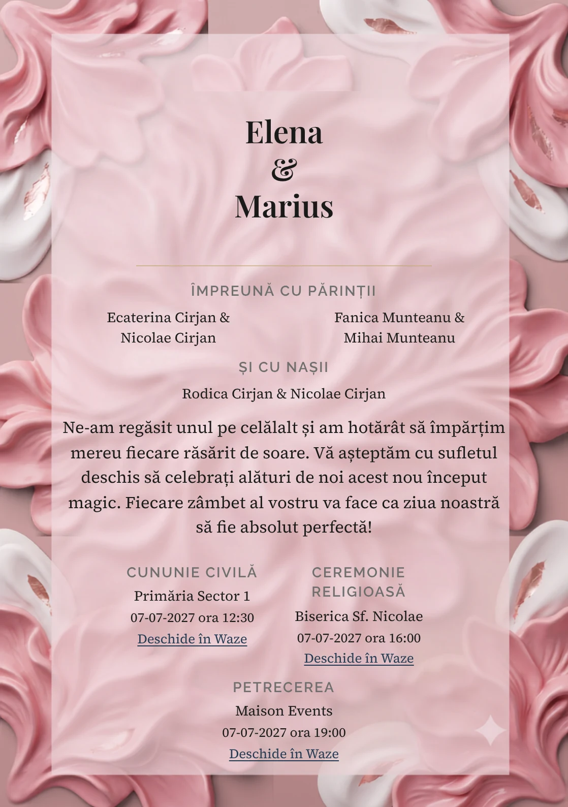 Designul Roz în Basorelief, în colecția de invitații nuntă, combină forme ceramice roz cu relief organic cu o cromatică de roz ceramic, alb ghips și brun rozaliu.