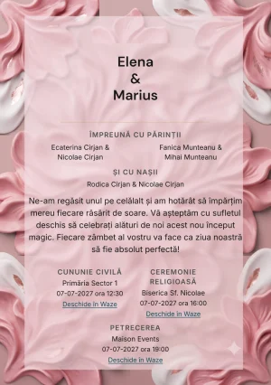 Designul Roz în Basorelief, în colecția de invitații nuntă, combină forme ceramice roz cu relief organic cu o cromatică de roz ceramic, alb ghips și brun rozaliu.