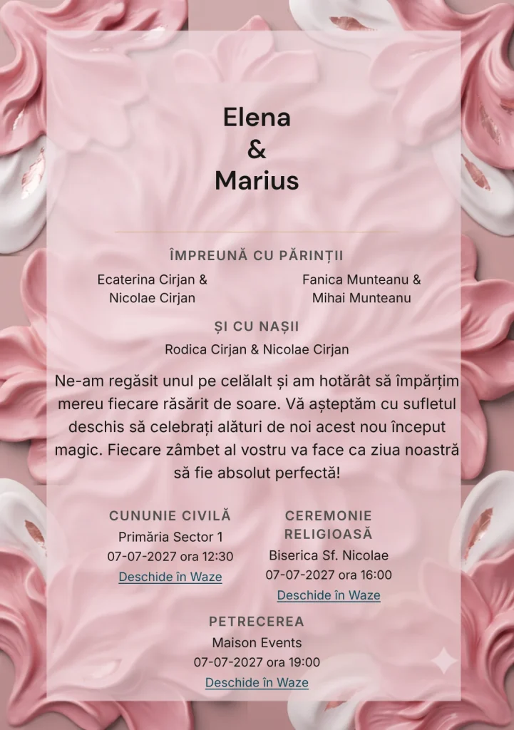 Designul Roz în Basorelief, în colecția de invitații nuntă, combină forme ceramice roz cu relief organic cu o cromatică de roz ceramic, alb ghips și brun rozaliu.