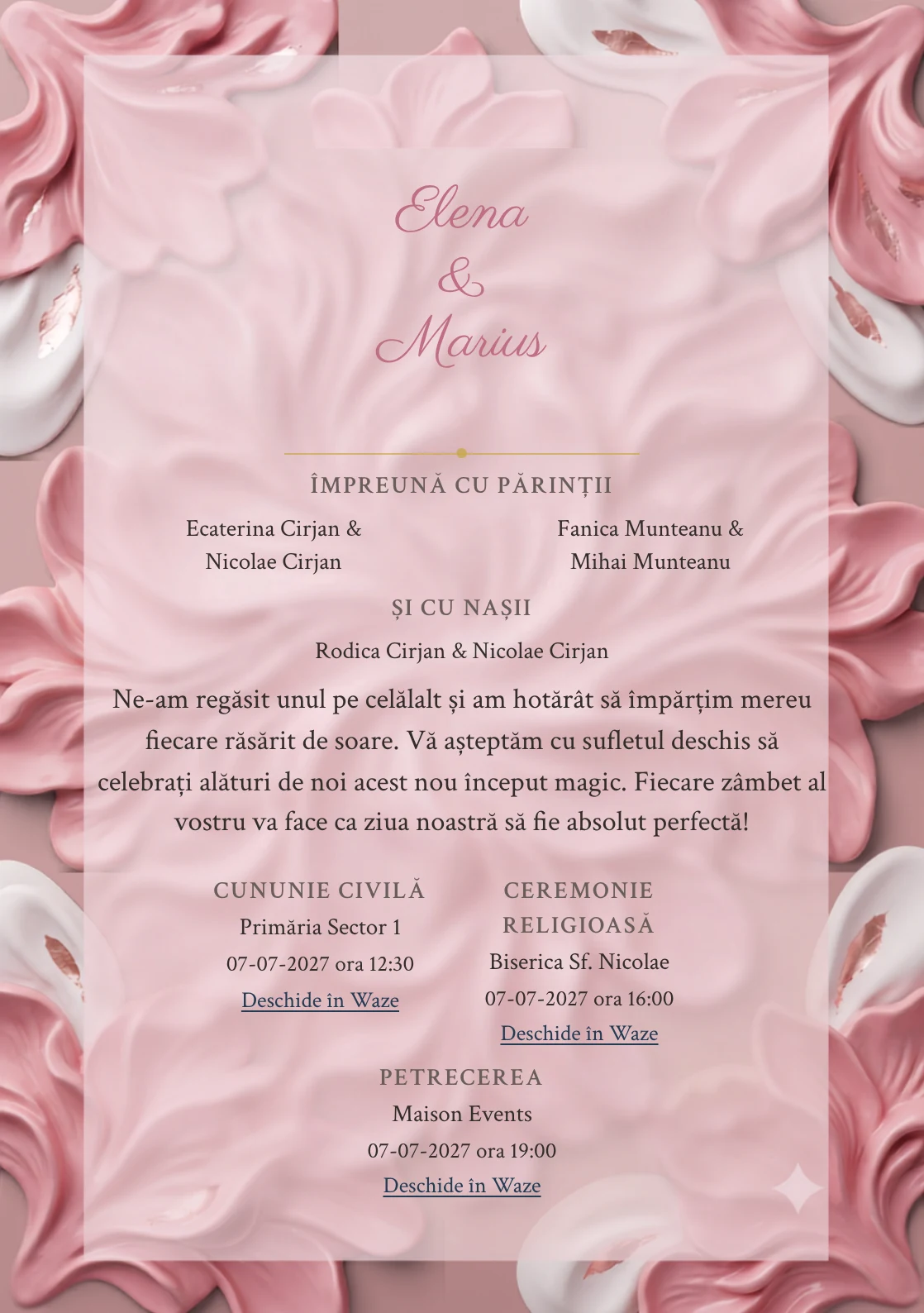Designul Roz în Basorelief, în colecția de invitații nuntă, combină forme ceramice roz cu relief organic cu o cromatică de roz ceramic, alb ghips și brun rozaliu.